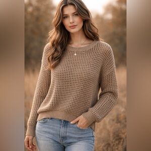 Calvin Klein Jeans Tan Open Knit Sweater | Lightweight Boho Crewneck Pullover M